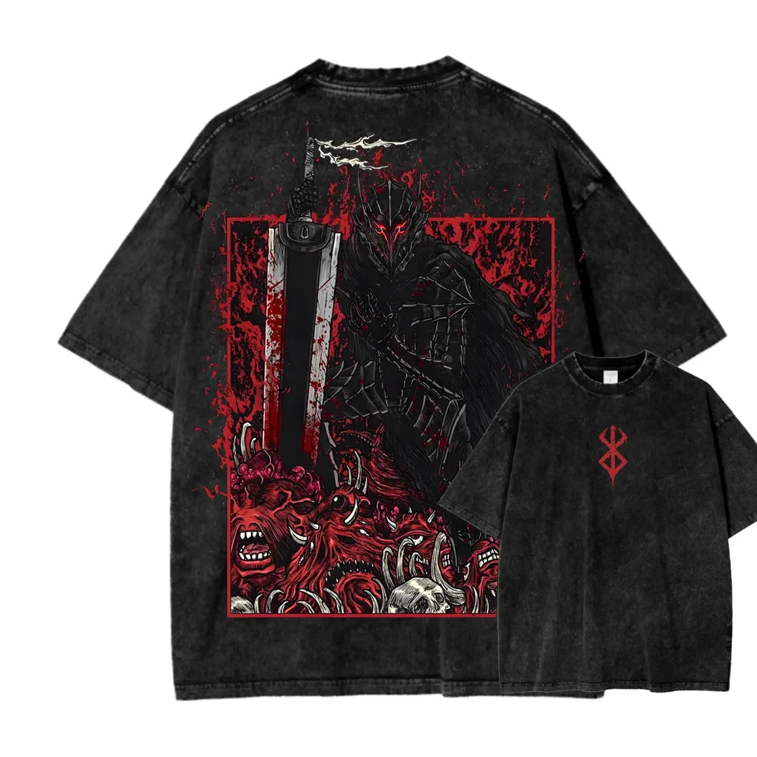 Anime Berserk Guts Printed Tee Men Women Short Sleeve Cotton Tshirts Vintage Washed T-shirt Harajuku Casual Oversized T Shirt