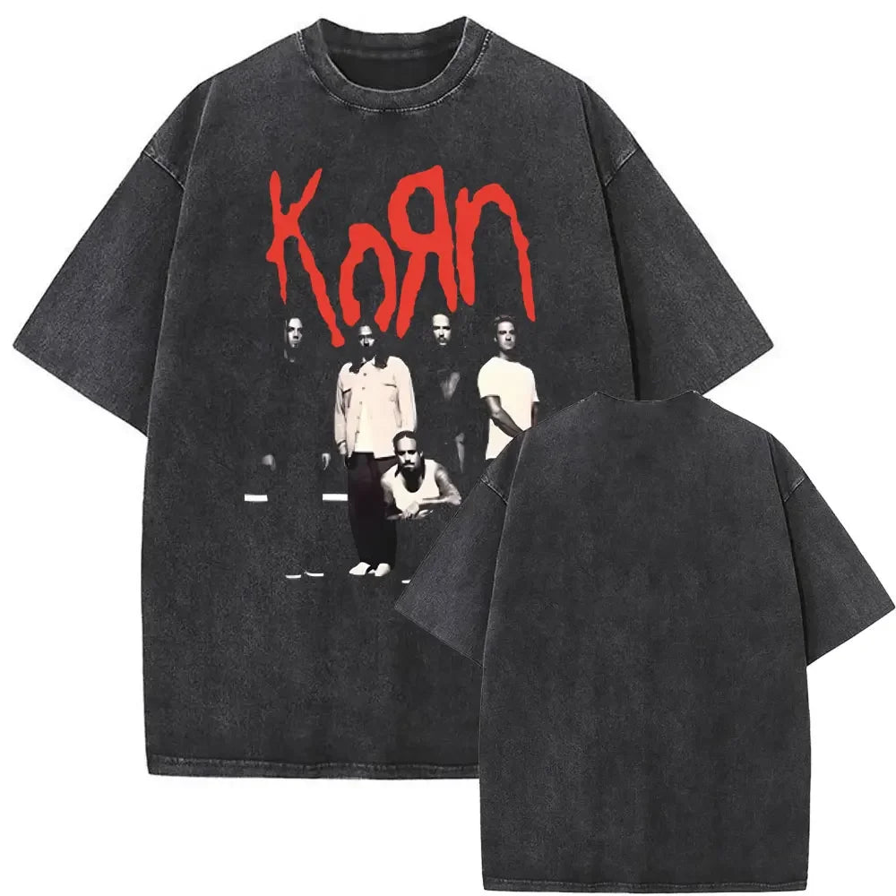 Rock Band Korn Ftl 25 Follow The Leader Double Sided Print T Shirt Men Gothic Casual Oversized Tees Unisex Washed Vintage Tshirt
