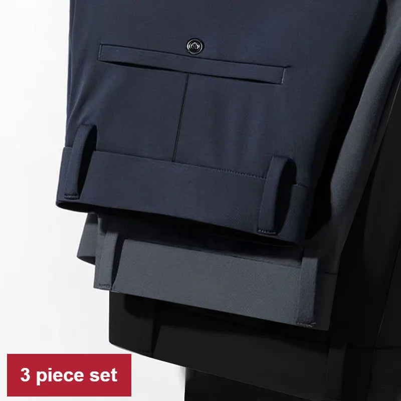3Piece Set Men's Four-Way Stretch Business Casual Pants Elastic Comfortable Formal Dress Trousers for Spring/Autumn