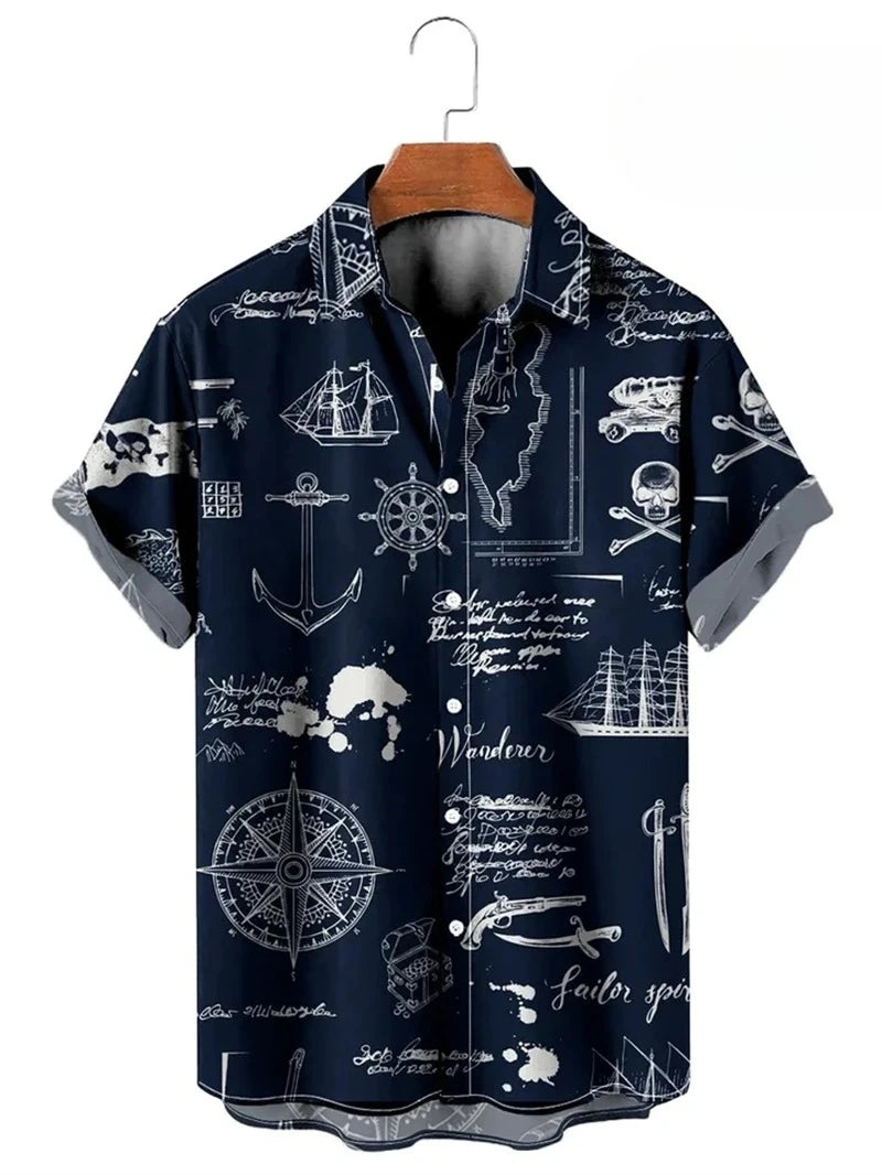 Vintage Button Up Shirt Man 3d Map Printed Short Sleeve Hawaiian Shirt Lapel Men's Clothing Casual Fashion Tops Oversized Tshirt