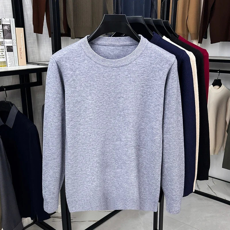 Soft Knit Men Crew Neck Long‑Sleeve Sweater Solid‑Color Plain Pullover Casual Business Basic Knitwear for Men