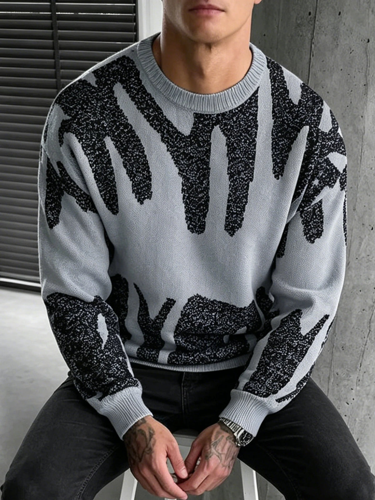 Men's Loose Crew Neck Knit Sweater Abstract Graffiti Jacquard Pullover 70% Viscose 30% Polyester S‑XL 1Pc