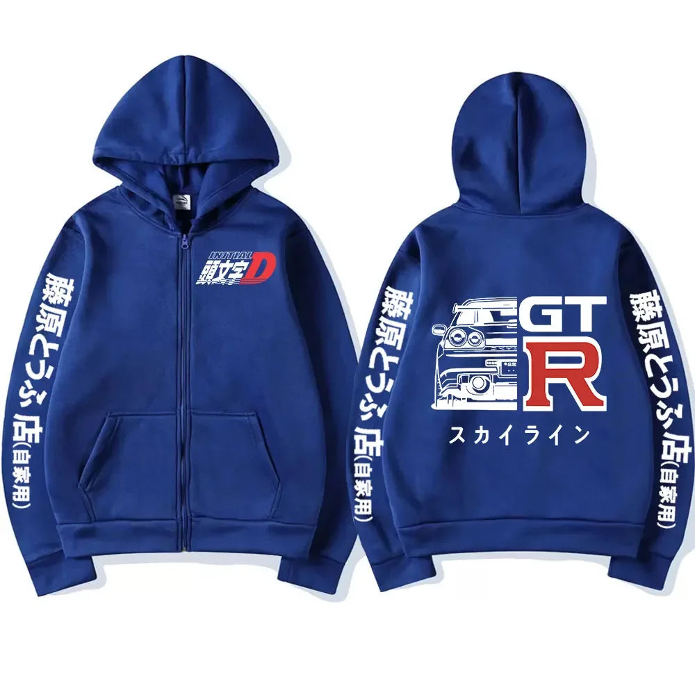 Anime Initial D Drift AE86 Zipper Hoodie Casual Vintage Zip Up Hooded Sweatshirts JDM Car Oversized Hoodies Cardigan Jacket Coat