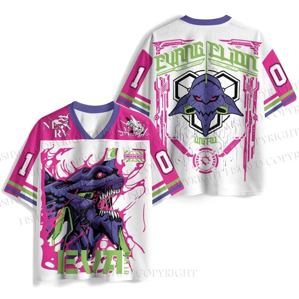 New Summer Anime Evangelion Rei Ayanami The Last Angel Print Jersey T-shirt Men Oversized Streetwear V-Neck Casual Tops