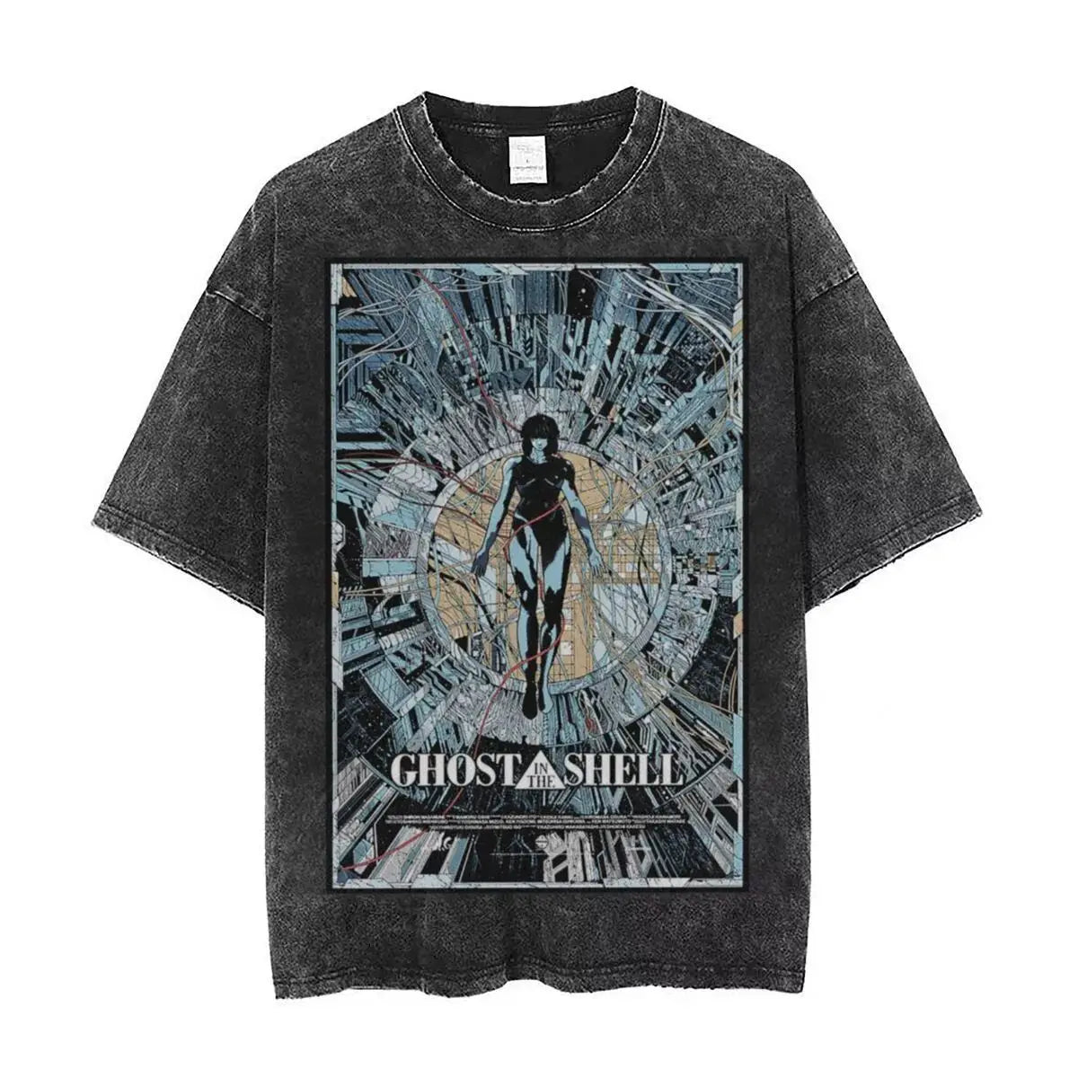 Anime Ghost in The Shell Kusanagi Motoko Print Tee Men Vintage Washed T-shirts Manga Casual T Shirt Harajuku Male Cotton Tshirt