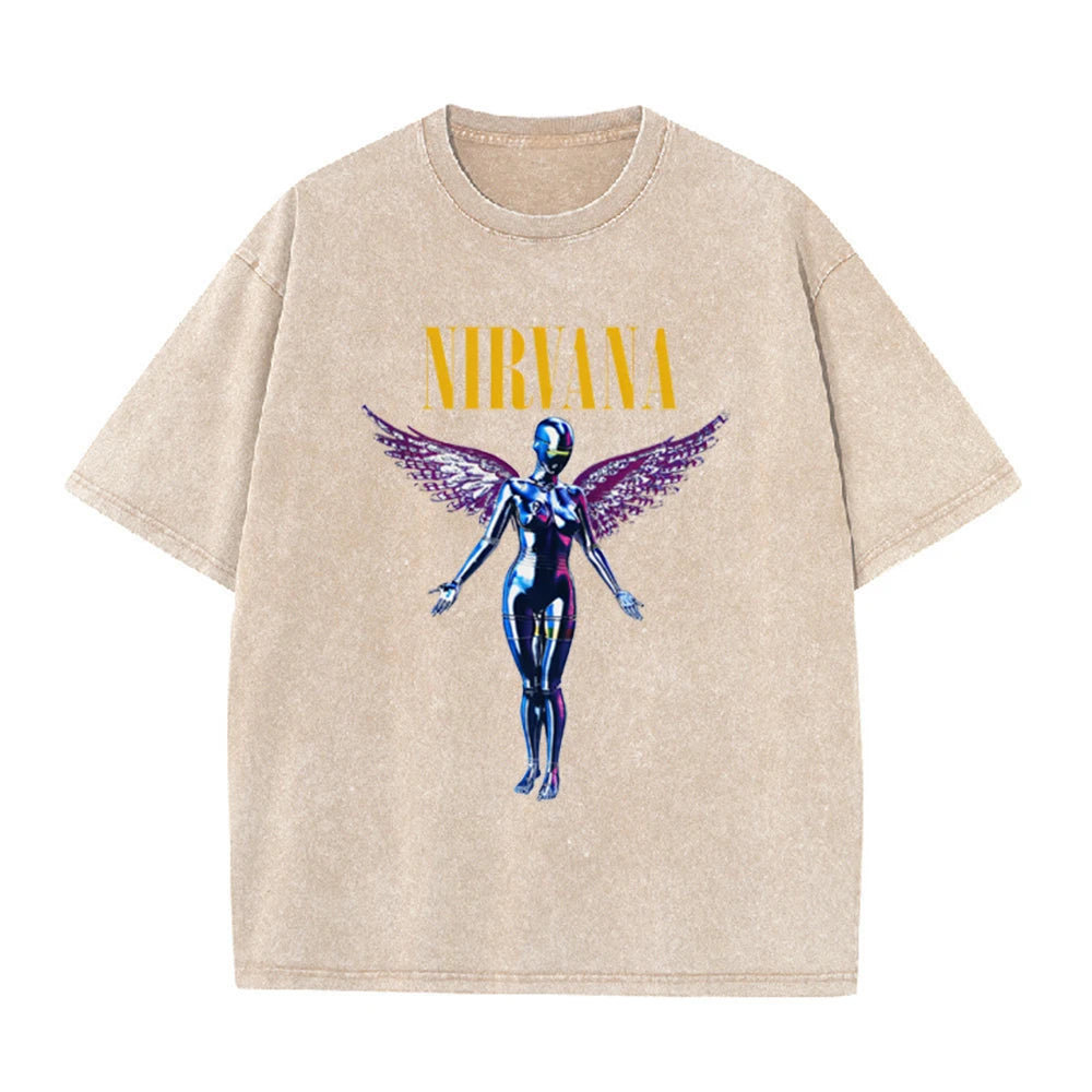 Nirvana Angel In Utero Print Vintage Washed T Shirt Rock Band Casual Top