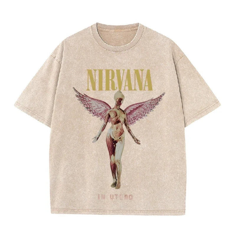 Nirvana Angel In Utero Print Vintage Washed T Shirt Rock Band Casual Top