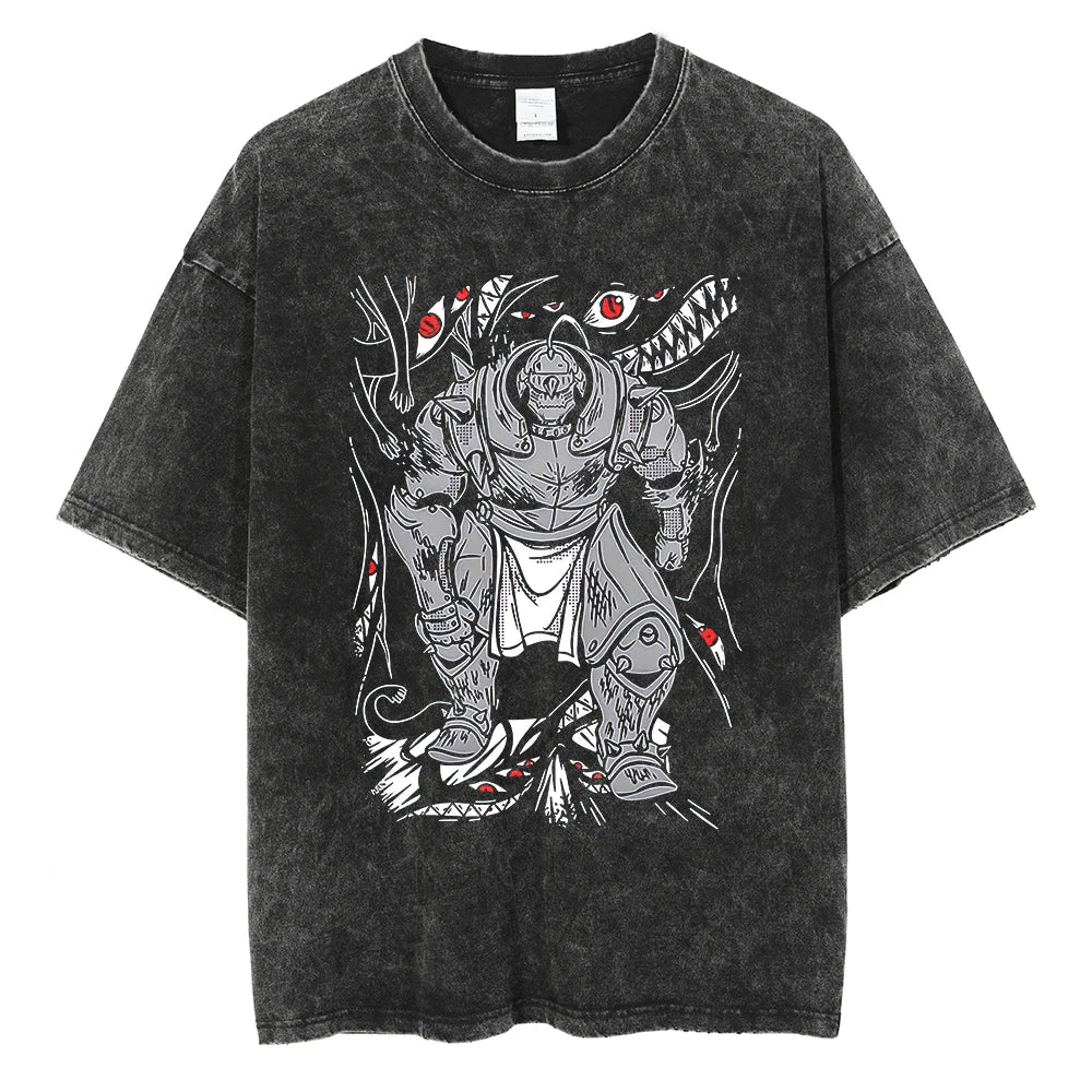 Anime Fullmetal Alchemist Logo Graphic Print T Shirt Men Women Vintage Manga Tshirts Washed Cotton T-shirt Harajuku Oversize Tee