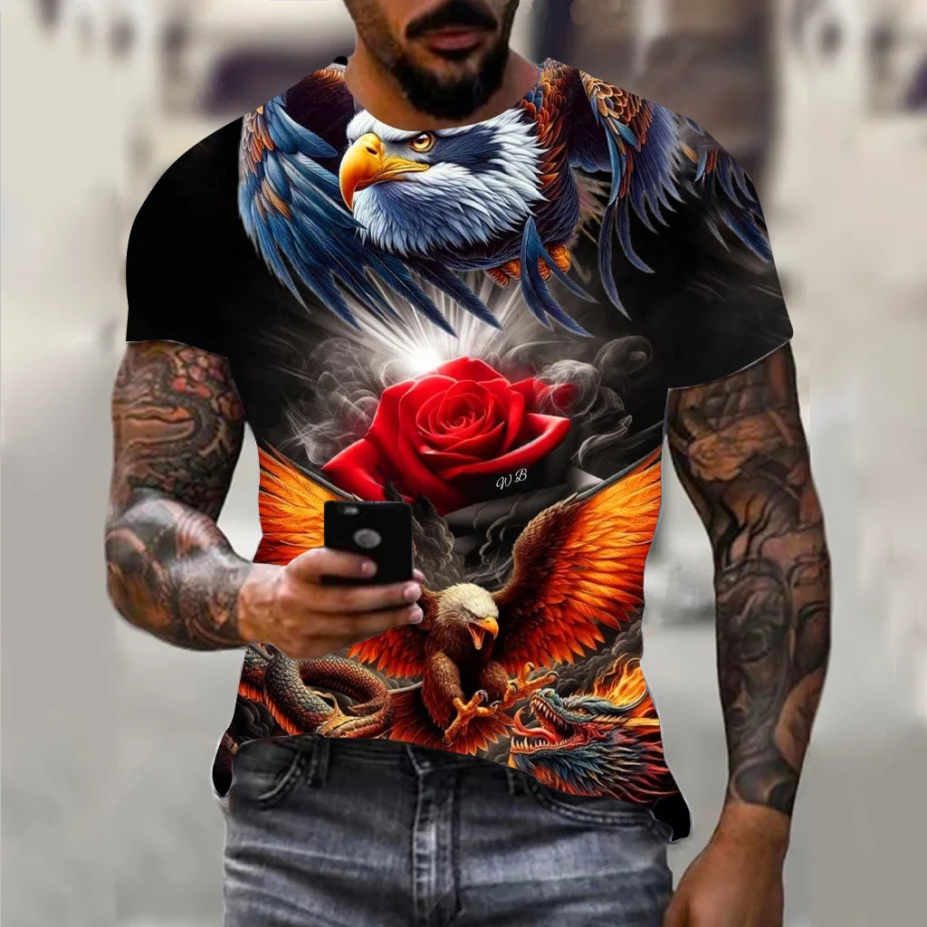 Harajuku Men's T-shirt Hip Hop Trend Street Casual Round Neck Short Sleeve Loose Top Fun 3D Animal Eagle Print T-shirt