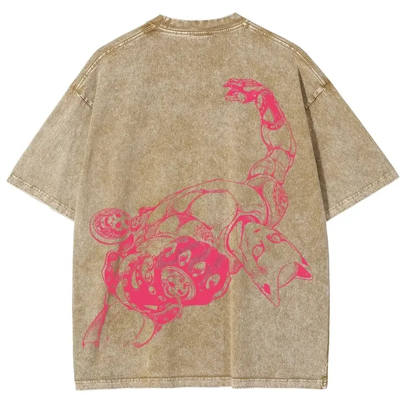Kira Yoshikage Killer Queen Graphic T-shirt Anime JoJo's Bizarre Adventure Cotton T Shirt Men Retro Washed Tshirts Harajuku Tops