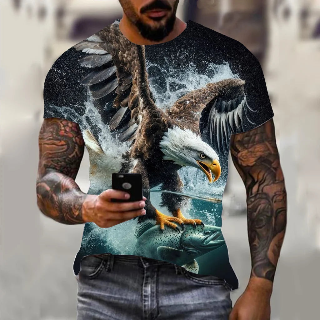 Harajuku Men's T-shirt Hip Hop Trend Street Casual Round Neck Short Sleeve Loose Top Fun 3D Animal Eagle Print T-shirt