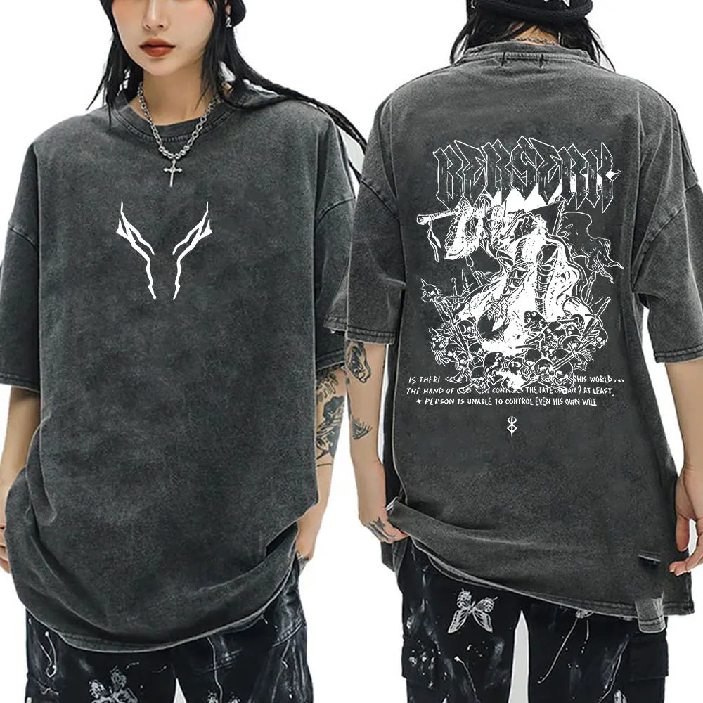Anime Berserk Guts Vintage Washed T Shirt Manga Gatsu Griffith Zodd T-shirts Men Women Clothing Cotton Casual Oversized T-Shirt