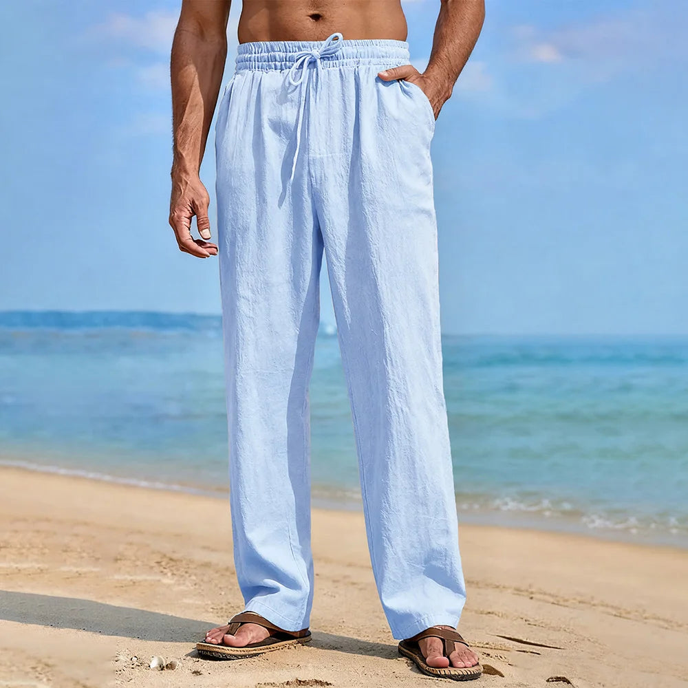 Men's Straight Leg Pants Cotton Linen Breathable Lightweight Solid Color Cozy Long Trousers Hawaiian Vacation Style Pants