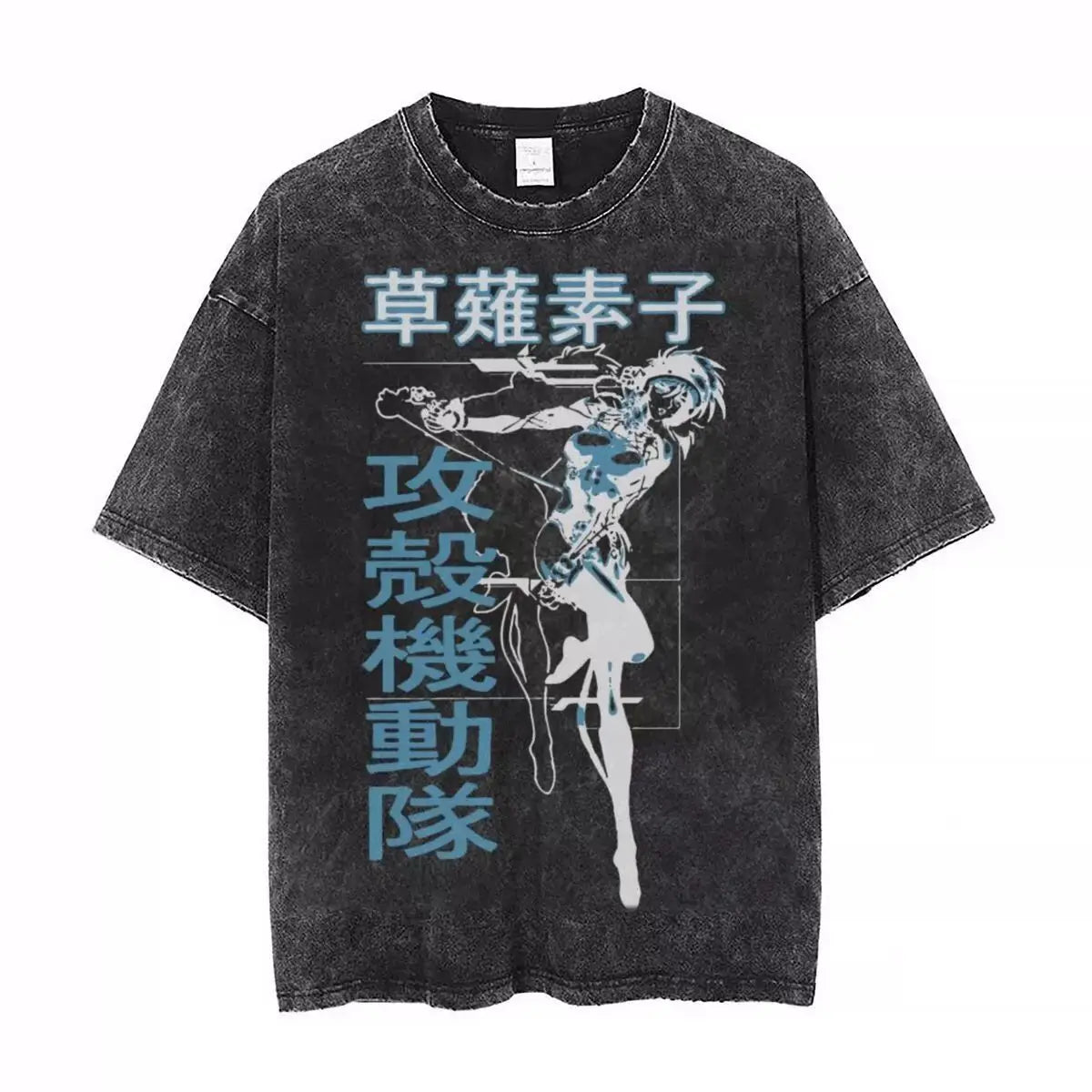 Anime Ghost in The Shell Kusanagi Motoko Print Tee Men Vintage Washed T-shirts Manga Casual T Shirt Harajuku Male Cotton Tshirt