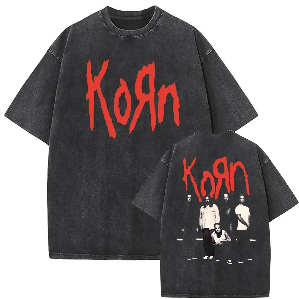 Rock Band Korn Ftl 25 Follow The Leader Double Sided Print T Shirt Men Gothic Casual Oversized Tees Unisex Washed Vintage Tshirt