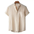 Men's Summer Cotton Linen T-shirt Beach Style Short SLeeve Henley Neck Vacation Hawaii Casual Lightweight Breathable Cozy Tops