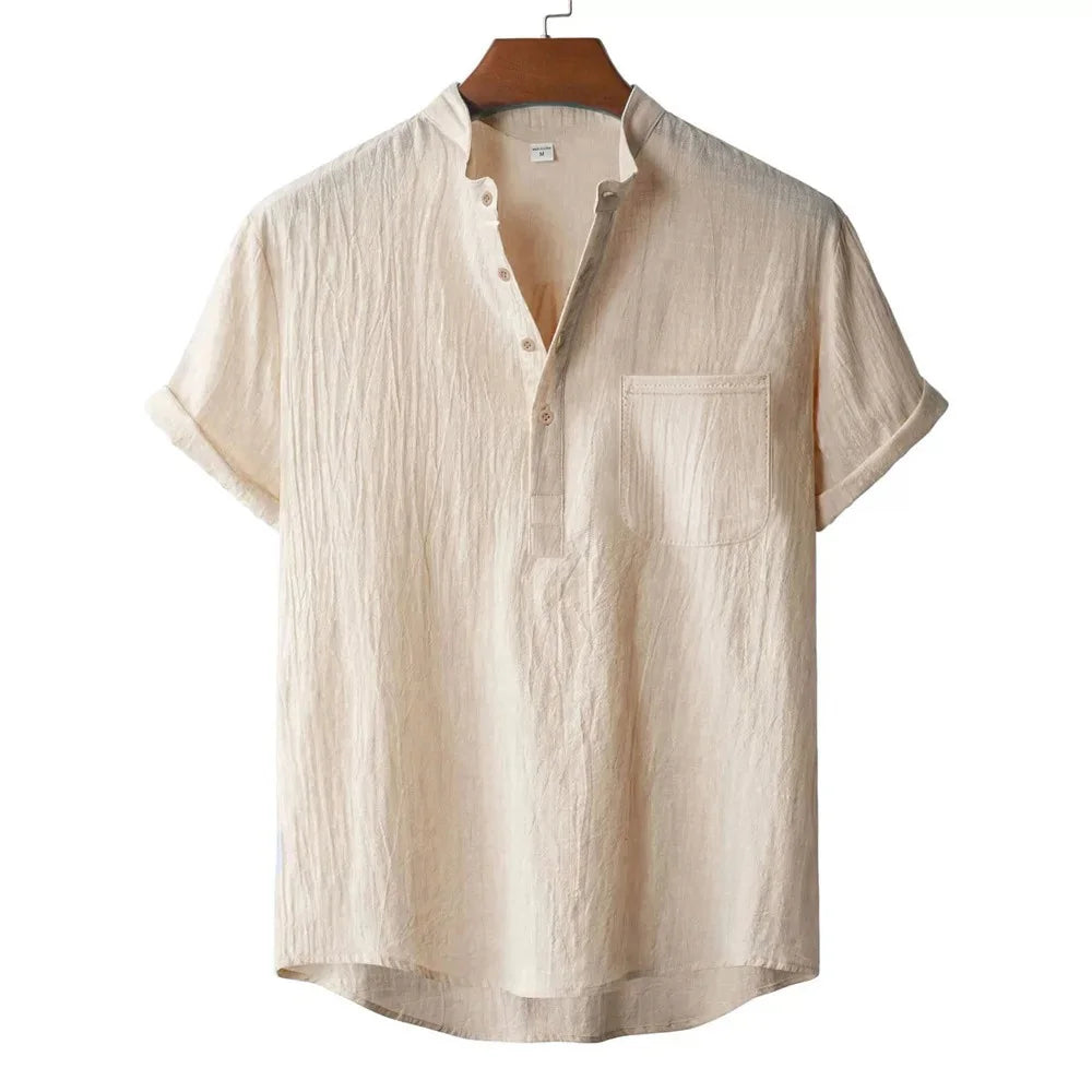 Men's Summer Cotton Linen T-shirt Beach Style Short SLeeve Henley Neck Vacation Hawaii Casual Lightweight Breathable Cozy Tops