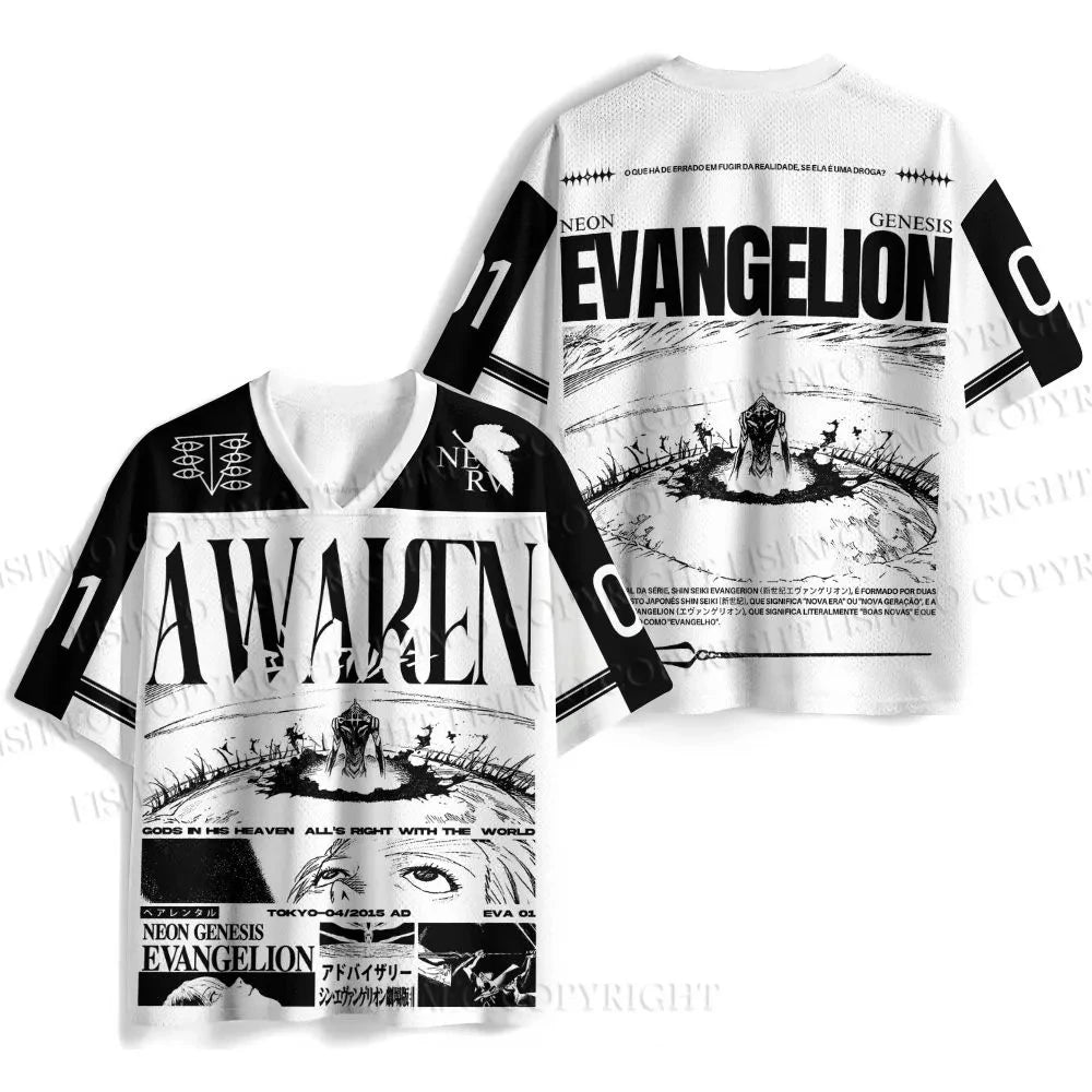 New Summer Anime Evangelion Rei Ayanami The Last Angel Print Jersey T-shirt Men Oversized Streetwear V-Neck Casual Tops