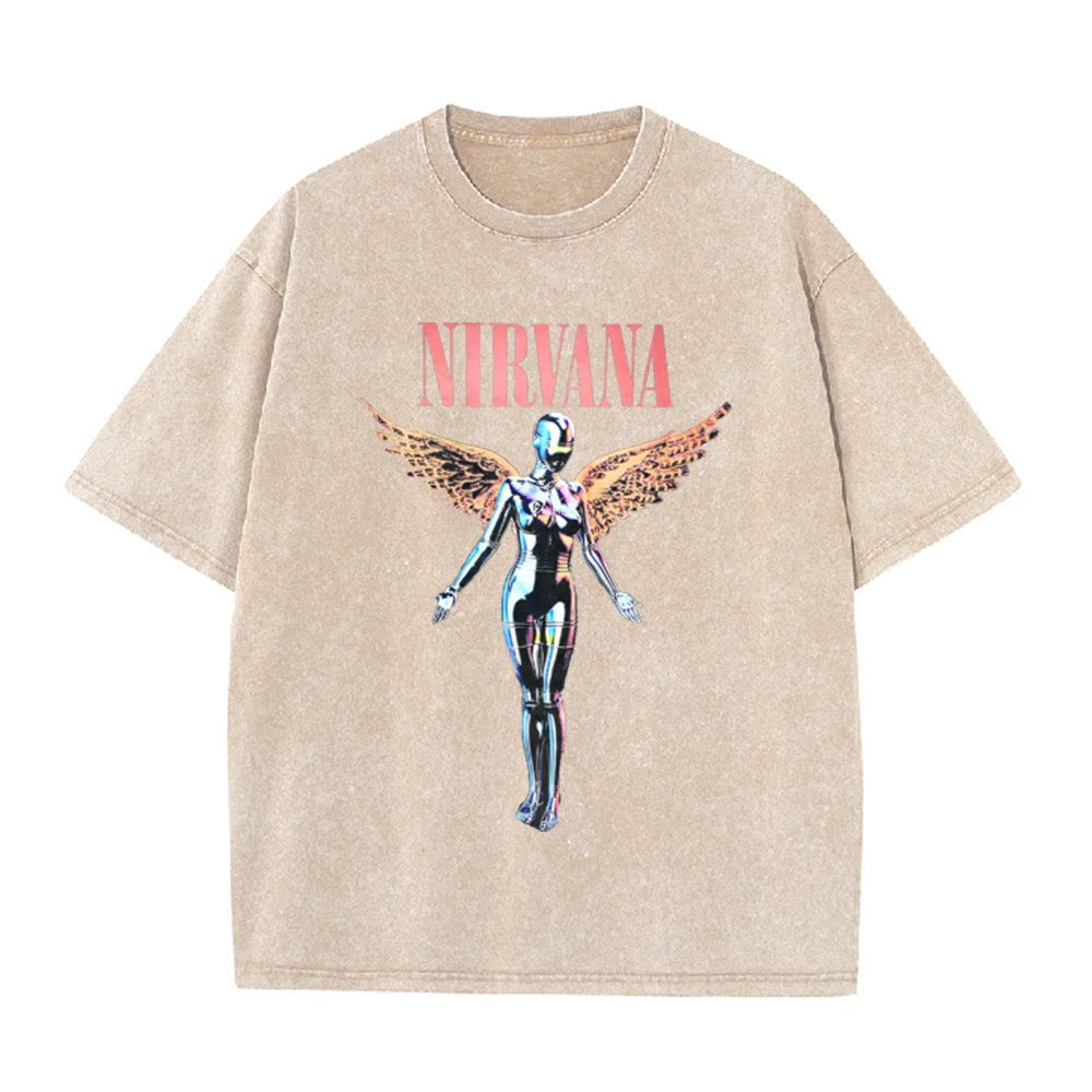Nirvana Angel In Utero Print Vintage Washed T Shirt Rock Band Casual Top