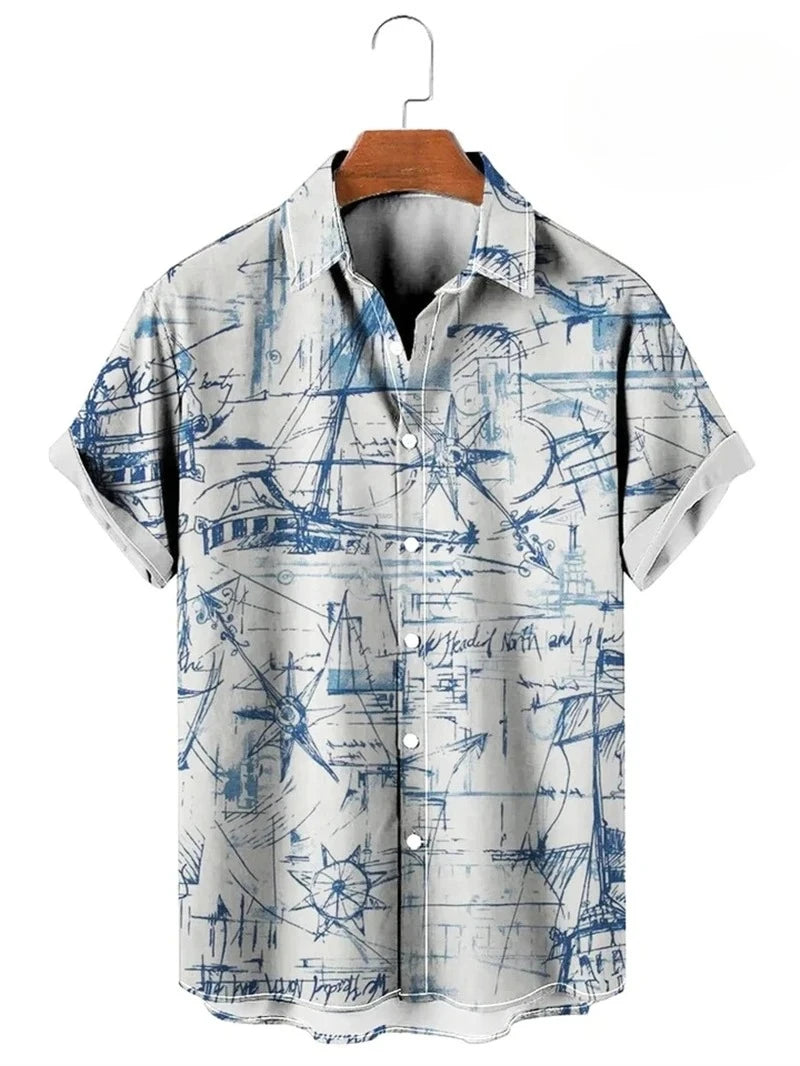 Vintage Button Up Shirt Man 3d Map Printed Short Sleeve Hawaiian Shirt Lapel Men's Clothing Casual Fashion Tops Oversized Tshirt