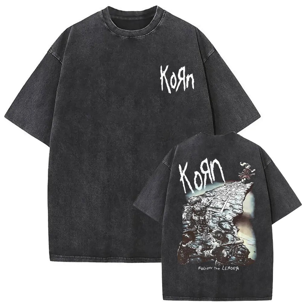 Rock Band Korn Ftl 25 Follow The Leader Double Sided Print T Shirt Men Gothic Casual Oversized Tees Unisex Washed Vintage Tshirt