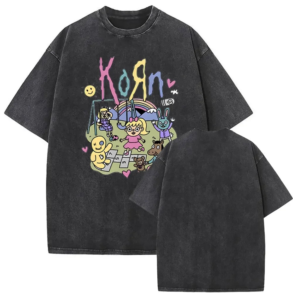 Rock Band Korn Ftl 25 Follow The Leader Double Sided Print T Shirt Men Gothic Casual Oversized Tees Unisex Washed Vintage Tshirt