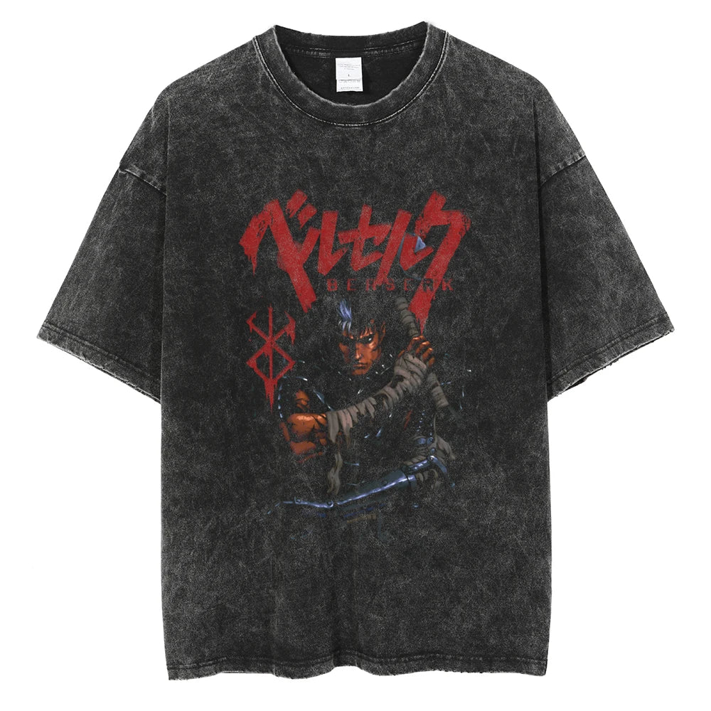 Berserk Manga Tshirt Guts Anime T Shirt For Men Women T-shirt Vintage Washed Cotton Clothing Summer Casual Short Sleeves Tees