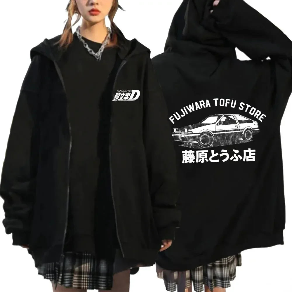 Anime Initial D Drift AE86 Zipper Hoodie Casual Vintage Zip Up Hooded Sweatshirts JDM Car Oversized Hoodies Cardigan Jacket Coat