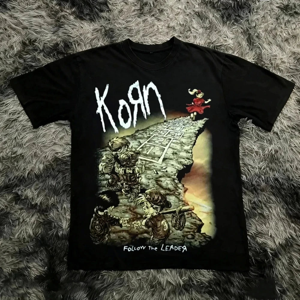 Korn Follow The Leader Cotton Printed T-Shirt Double-Sided Metal Band Tee Men's and Women's Oversize Couple Tee Tops