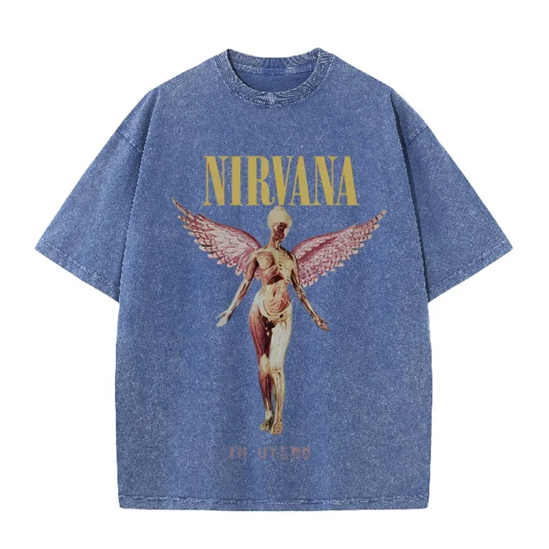 Nirvana Angel In Utero Print Vintage Washed T Shirt Rock Band Casual Top