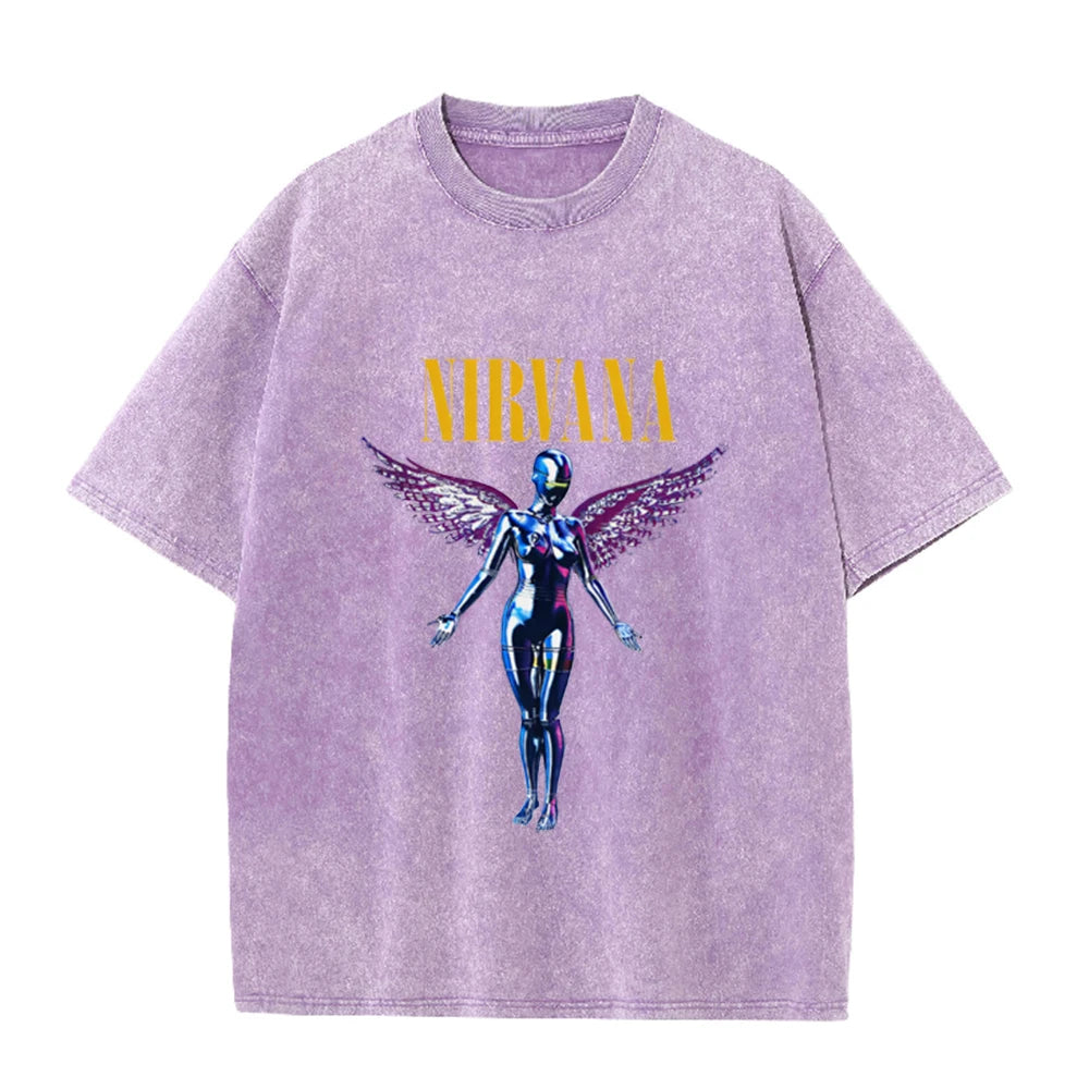 Nirvana Angel In Utero Print Vintage Washed T Shirt Rock Band Casual Top