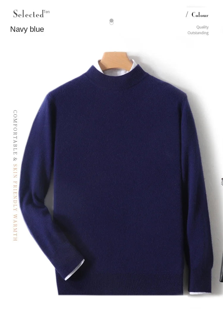 100% Pure Merino Wool Men's Semi High Neck Pullover Solid Color Plus Size Casual Sweater Autumn And Winter Sports Cashmere Top
