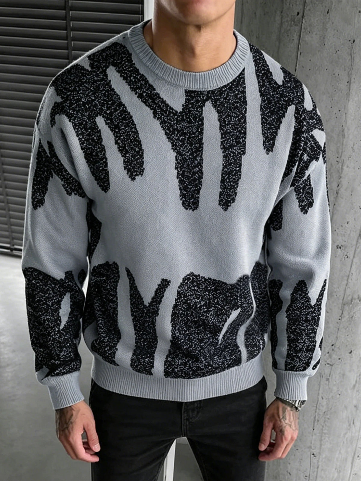 Men's Loose Crew Neck Knit Sweater Abstract Graffiti Jacquard Pullover 70% Viscose 30% Polyester S‑XL 1Pc