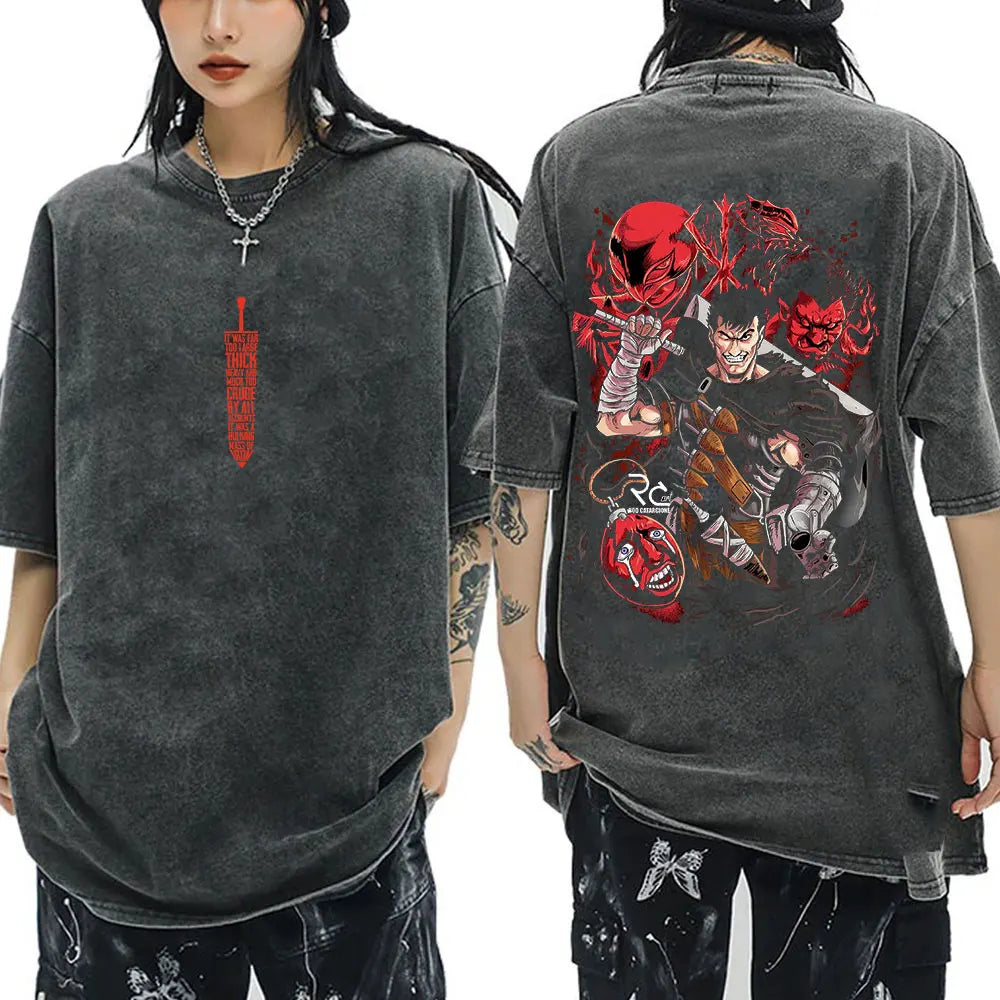 Anime Berserk Guts Vintage Washed T Shirt Manga Gatsu Griffith Zodd T-shirts Men Women Clothing Cotton Casual Oversized T-Shirt
