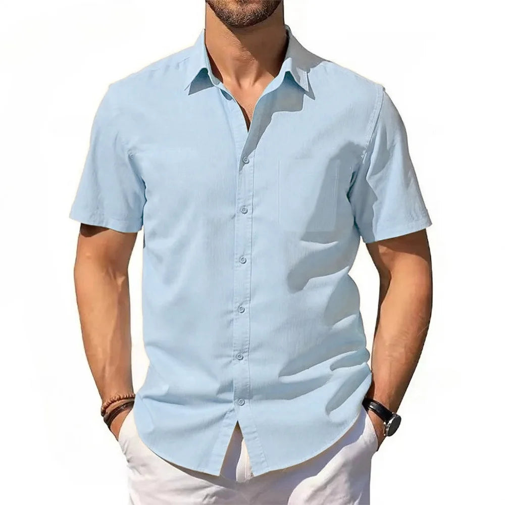 Men's Cotton Linen Shirt Summer Short Sleeve Button Up Hawaiian Lightweight Shirts Vacation Casual Lapel Collar Tops