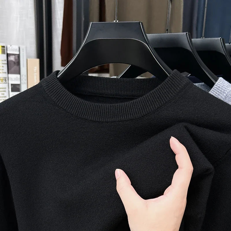 Soft Knit Men Crew Neck Long‑Sleeve Sweater Solid‑Color Plain Pullover Casual Business Basic Knitwear for Men