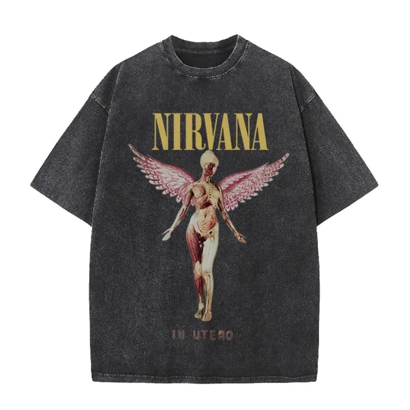 Nirvana Angel In Utero Print Vintage Washed T Shirt Rock Band Casual Top
