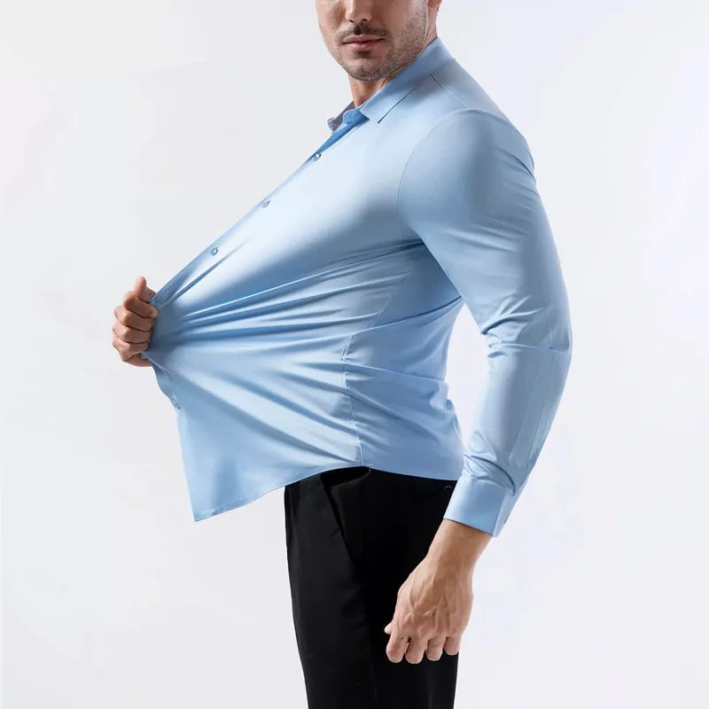 2025 High Elasticity Spandex Shirt Men Long Sleeve Spring Summer Slim Fit Casual Solid Color Social Formal Dress Shirts 100KG