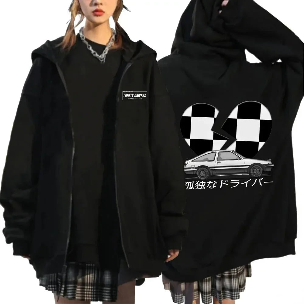 Anime Initial D Drift AE86 Zipper Hoodie Casual Vintage Zip Up Hooded Sweatshirts JDM Car Oversized Hoodies Cardigan Jacket Coat