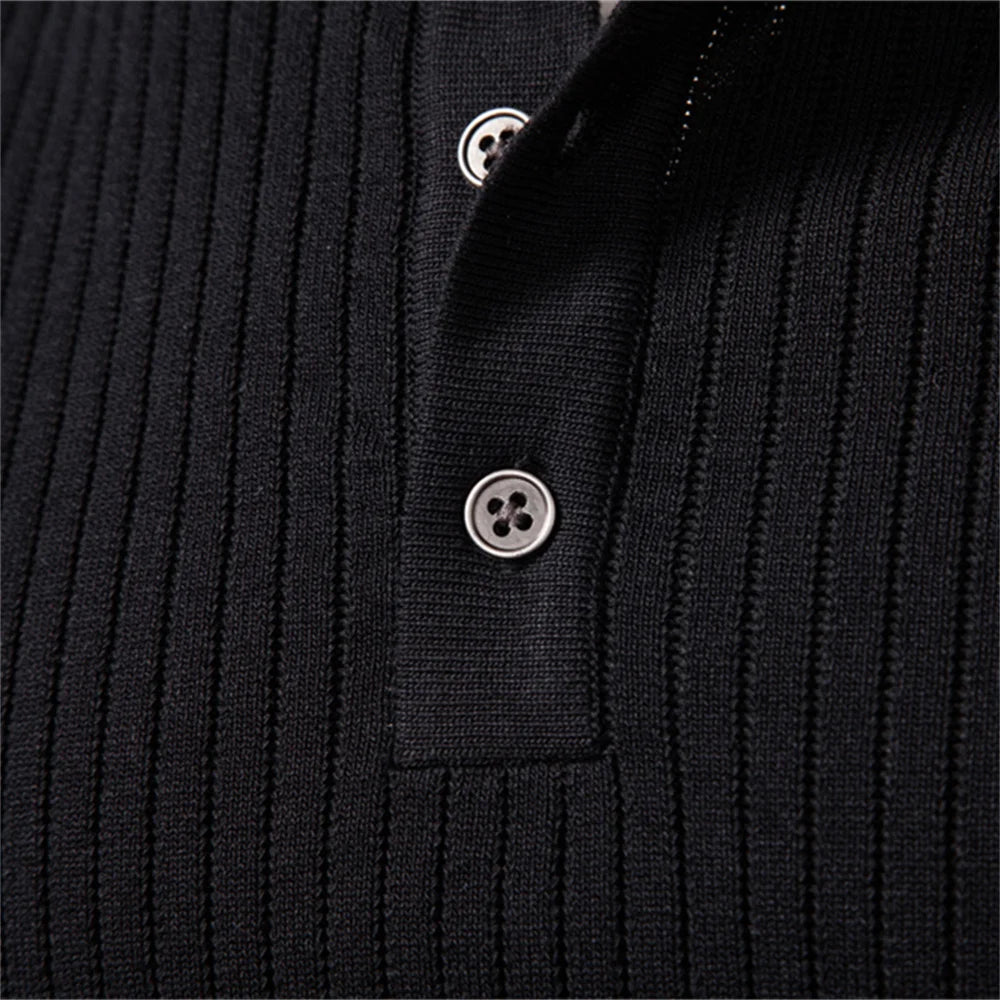 AIOPESON Button Placket Polo Shirt Men Ribbed Stripe Long Sleeve Contemporary Fit Minimalist Autumn Winter Premium Business Top