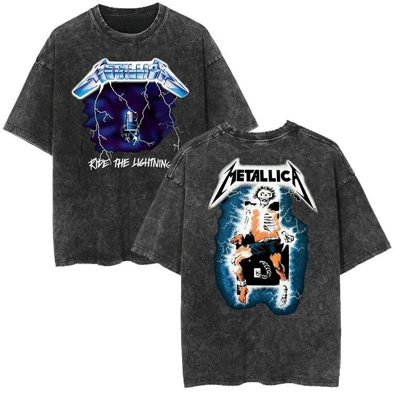 2026 and men women Classic washed T-shirt featuring the Metallica rock band Suitable for high-end luxurious outfits clothes
