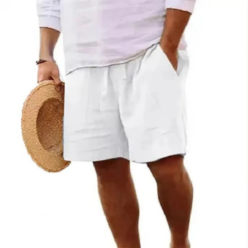 Cotton Linen Men's Shorts Summer Loose Fit Straight Leg Casual Solid Color Beach Pants Trendy