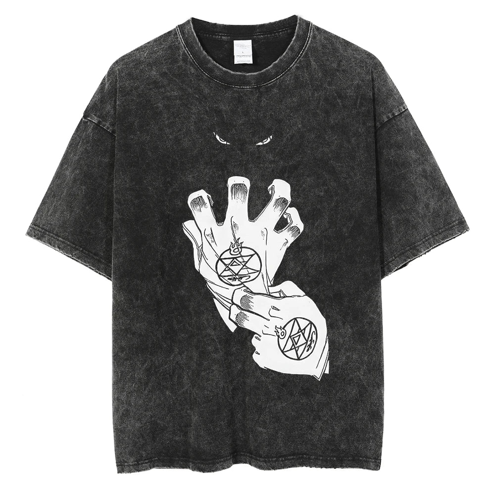 Anime Fullmetal Alchemist Logo Graphic Print T Shirt Men Women Vintage Manga Tshirts Washed Cotton T-shirt Harajuku Oversize Tee