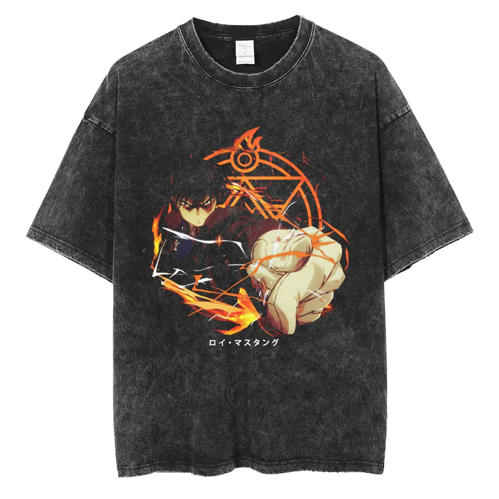Anime Fullmetal Alchemist Logo Graphic Print T Shirt Men Women Vintage Manga Tshirts Washed Cotton T-shirt Harajuku Oversize Tee