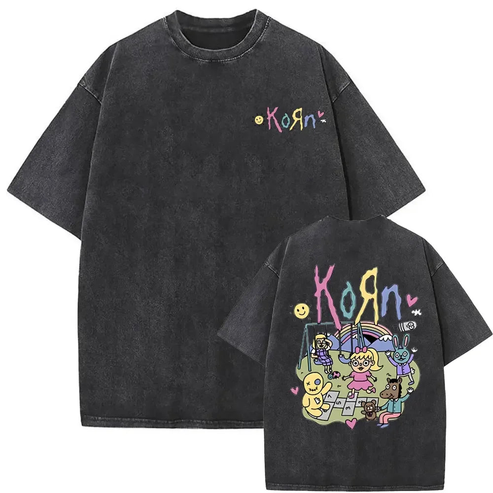 Rock Band Korn Ftl 25 Follow The Leader Double Sided Print T Shirt Men Gothic Casual Oversized Tees Unisex Washed Vintage Tshirt