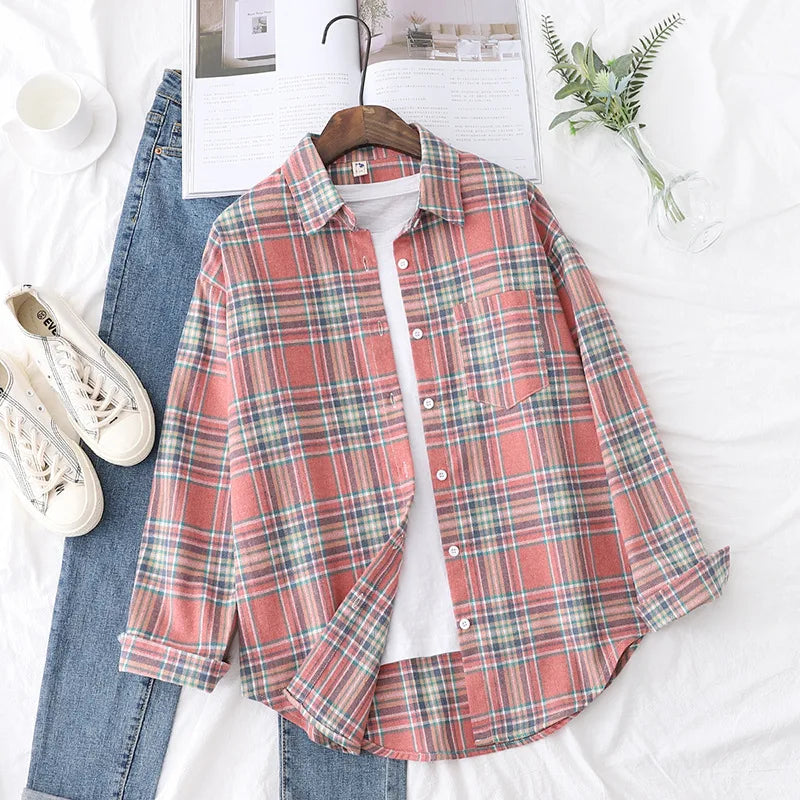 Brand Casual Women's Flannel Plaid Shirt 2025 Autumn New Boutique Ladies Loose Blouse and Tops Female Long Sleeve Shirts Clothes