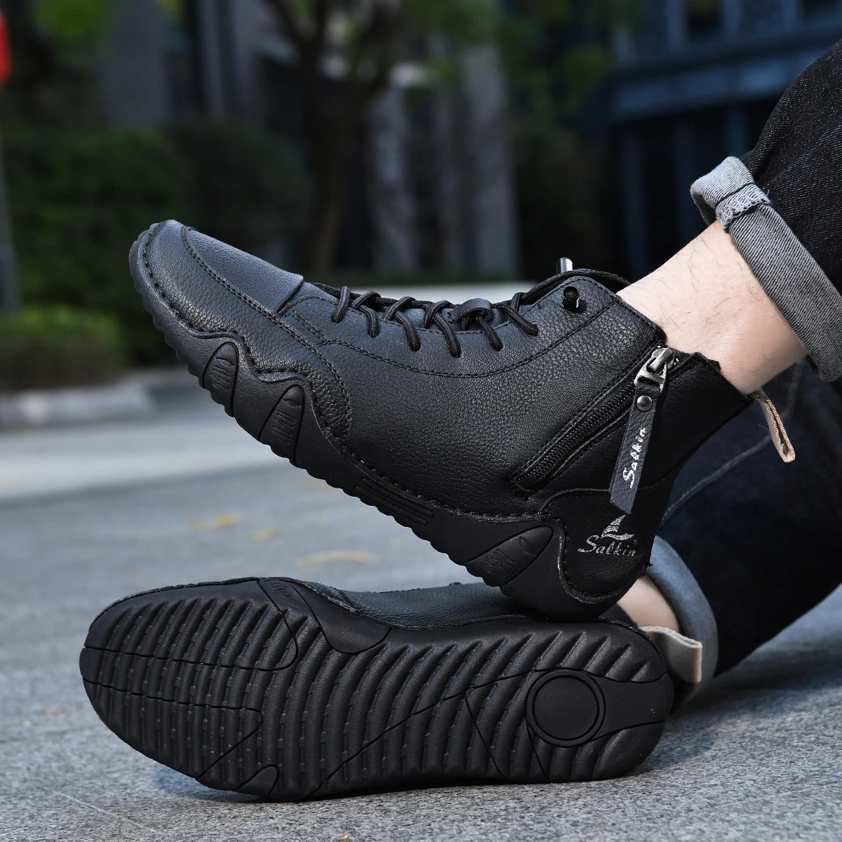 Men's Hand-Stitched Vintage Boots, Fashionable Solid Color Side Zipper High-Top Casual Shoes, Spring and Autumn Everyday Wear, Bare Boots, Outdoor Hiking Sneakers