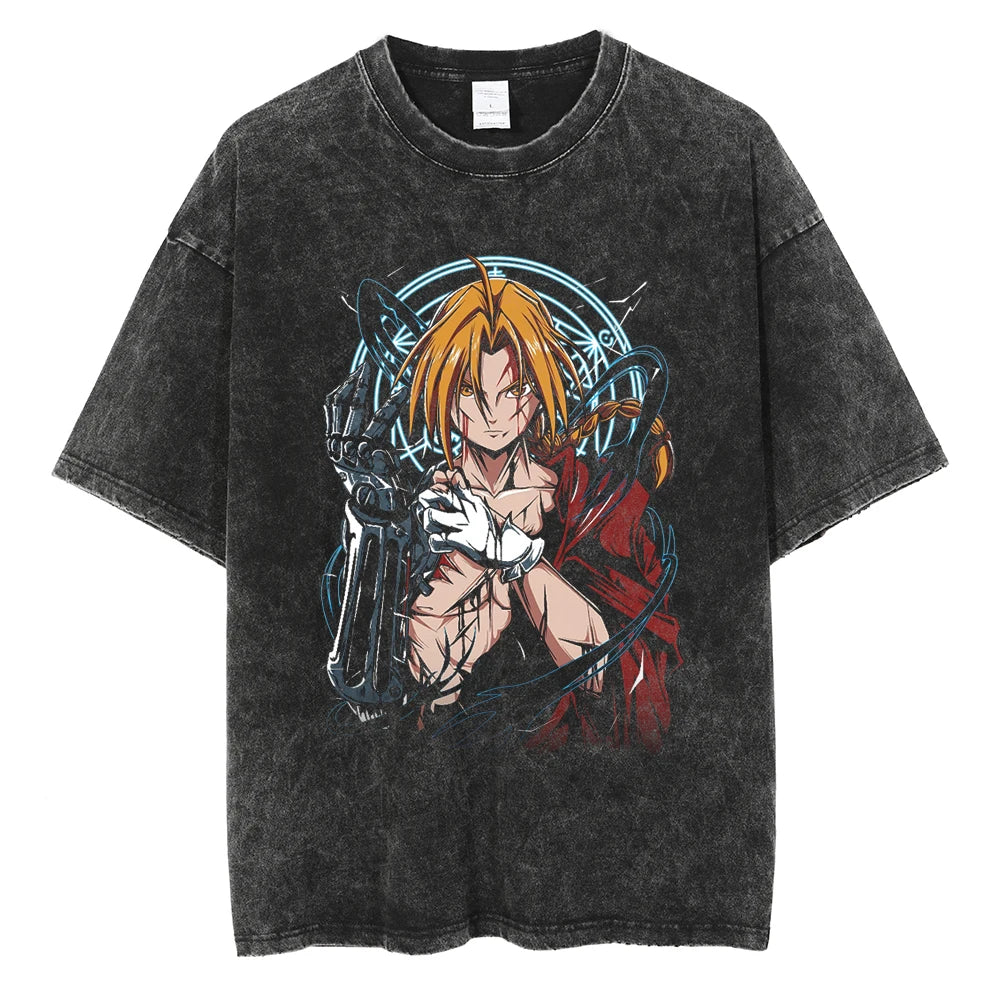 Anime Fullmetal Alchemist Logo Graphic Print T Shirt Men Women Vintage Manga Tshirts Washed Cotton T-shirt Harajuku Oversize Tee