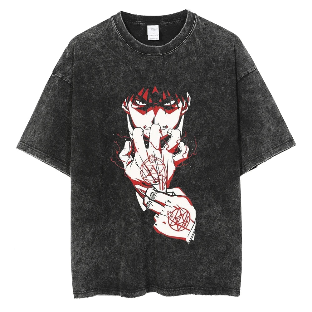 Anime Fullmetal Alchemist Logo Graphic Print T Shirt Men Women Vintage Manga Tshirts Washed Cotton T-shirt Harajuku Oversize Tee