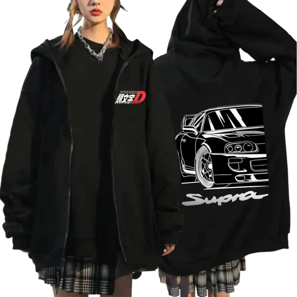 Anime Initial D Drift AE86 Zipper Hoodie Casual Vintage Zip Up Hooded Sweatshirts JDM Car Oversized Hoodies Cardigan Jacket Coat